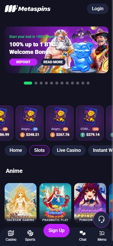 Metaspins casino games interface on mobile browser