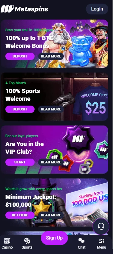 Metaspins promotions interface on mobile browser