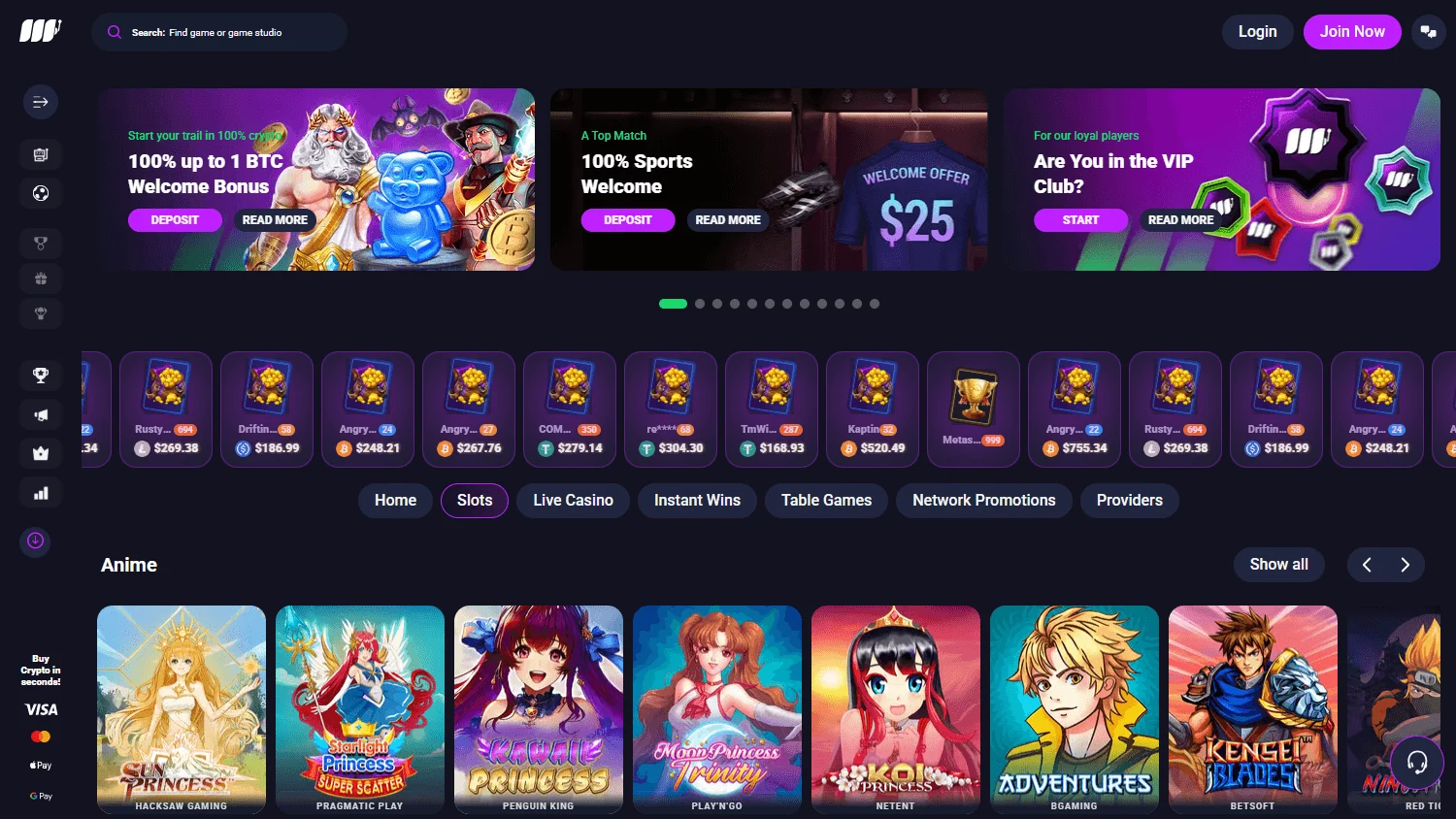 Metaspins casino games interface on desktop